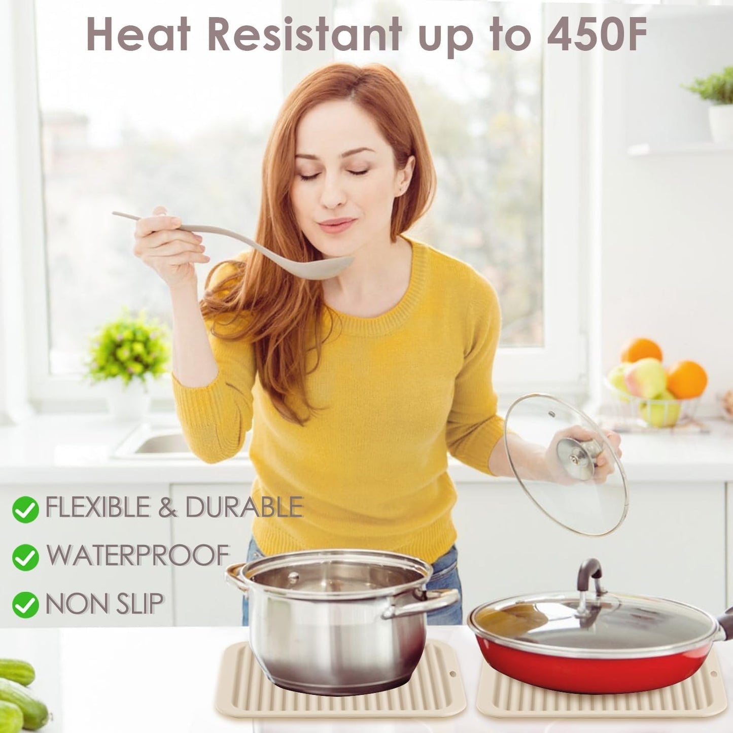 QPIX DIGITAL 4 Pack Silicone Trivets for Hot Dishes, Large & Heat Resistant Silicone Pot Holder Hot Pads for Kitchen, 9x12 Beige Silicone Trivet Mat for Hot Pots and Pans, Jar Opener, Drying Mat