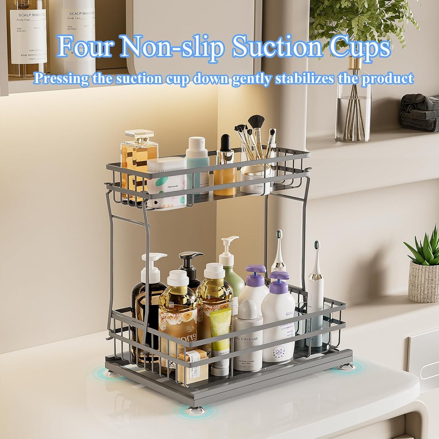 2 Pack Under Sink Organizers and Storage, 2 Tier Pull Out Cabinet Organizer, Metal Sliding Drawer Storage for Kitchen Bathroom，Gray