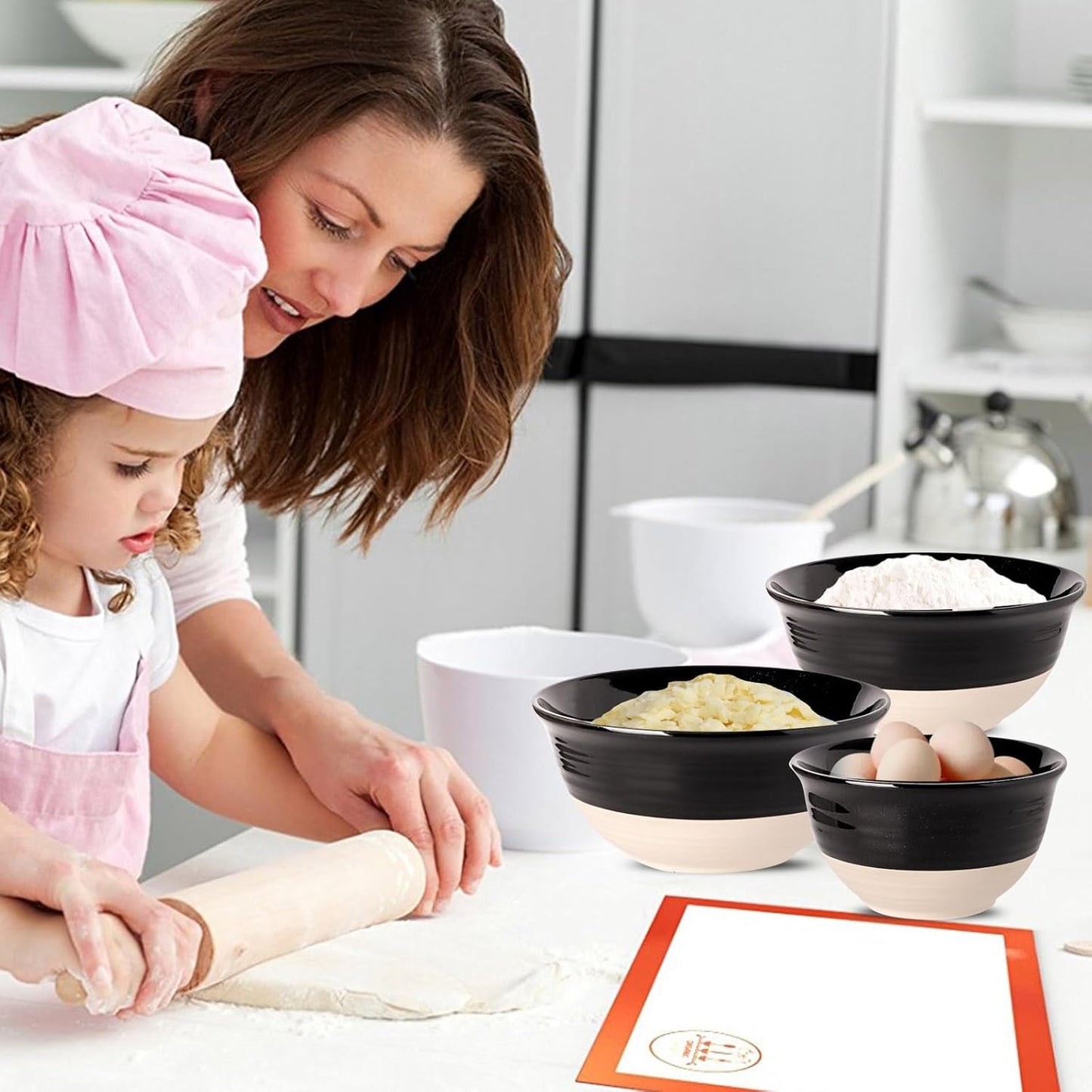 Hasense Large Ceramic Mixing Bowls, 2.1/1.5/1.0 Qt Salad Bowls for Kitchen, Versatile Serving Bowls for Cooking, Baking, Salad Mixing, Prepping, Nesting Black Bowl Set of 3, Dishwasher Microwave Safe