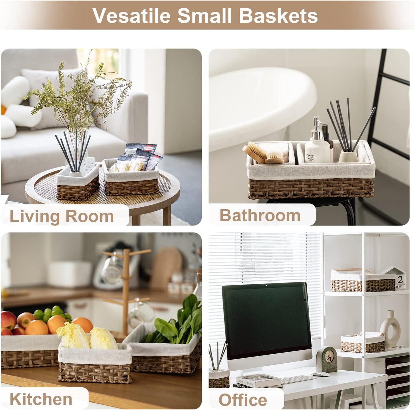 FairyHaus Wicker Baskets for Organizing, Waterproof Rectangle Small Storage Basket for Shelves, Nesting Lined Set of 3, Rustic Brown