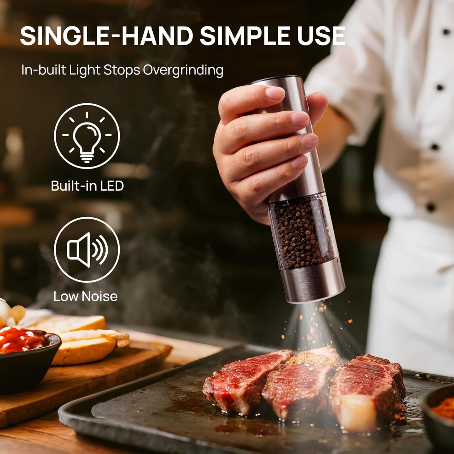 Upgraded Larger Capacity Electric Salt and Pepper Grinder Set Rechargeable with LED Light, Stainless Steel Refillable Pepper Mill Set with 6 Adjustable Coarseness for Kitchen, Outdoor, BBQ