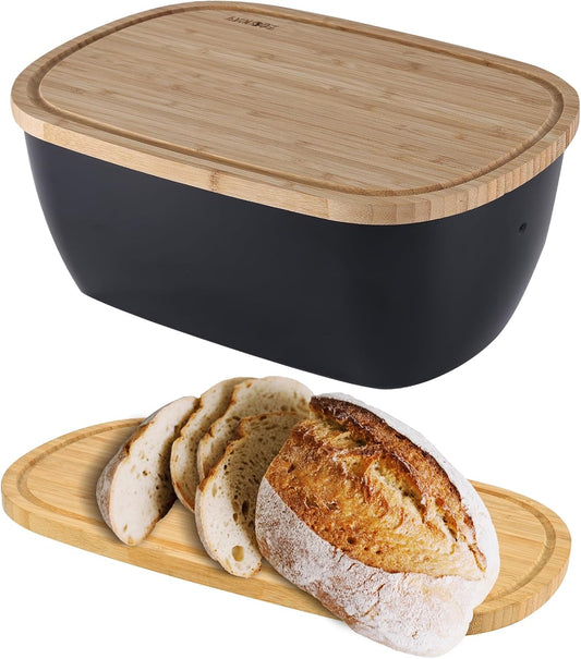 Bread Box for Kitchen Countertop - Bamboo Fiber Bread Bin with Reversible Cutting Board Lid, Juice Groove - Ventilated, Multi-Functional Storage Keeper for Freshness (14.2x7.8x5.5In, Black)