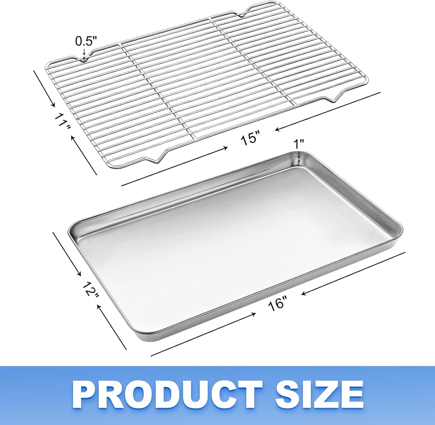 Baking Sheet with Wire Rack Set (1 Baking Pan + 1 Cooling Rack), 16 x 12 x 1 Inch Stainless Steel Cookie Sheet Pan Toaster Oven Tray with Rack, Non-stick & Dishwasher Safe