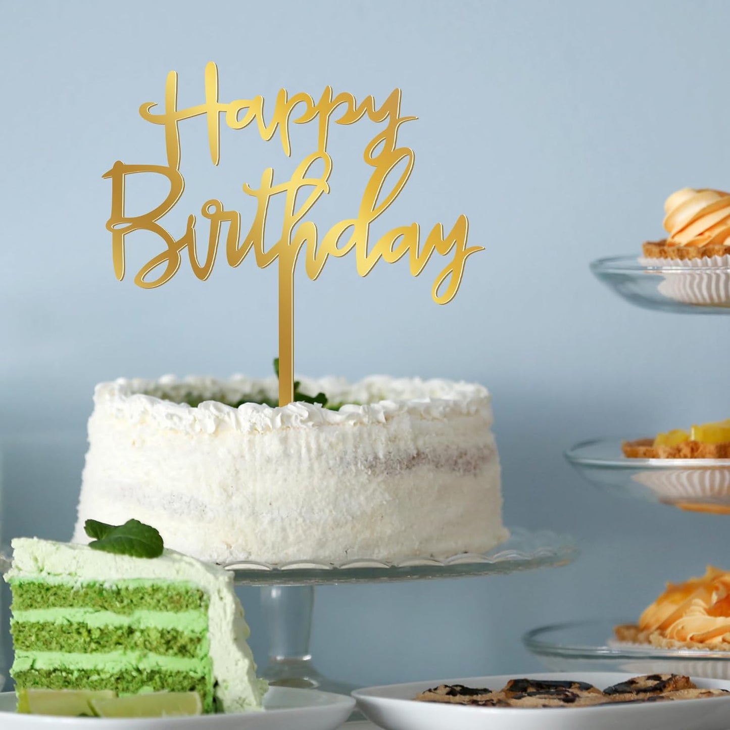 1PCS Gold Happy Birthday Cake Topper, 4.7 x 5.5 Inches Birthday Cake Decorations, Glitter Mirror Acrylic Cake Topper for Birthdays, Anniversaries, or Milestone Celebrations