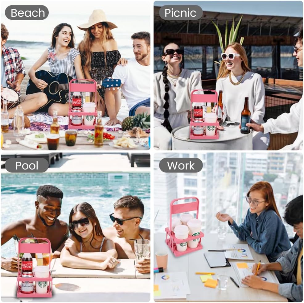 Musbus Reusable Drink Carrier with Handle for Doordash, Grubhub, Portable Cup/Coffee Holder Accessories for Delivery, Foldable Drinks Caddy with Tray, Car Durable Plastic Festive Bottle, Vacation