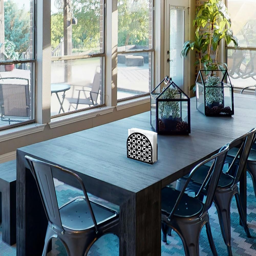 Modern Geometric Round Decorative Black Metal Napkin Holder for Table, 4.9" x 4.9" x 1.9" Standing Napkin Holder for Home Kitchen Restaurant Picnic Party Coffee Bar Dining Room