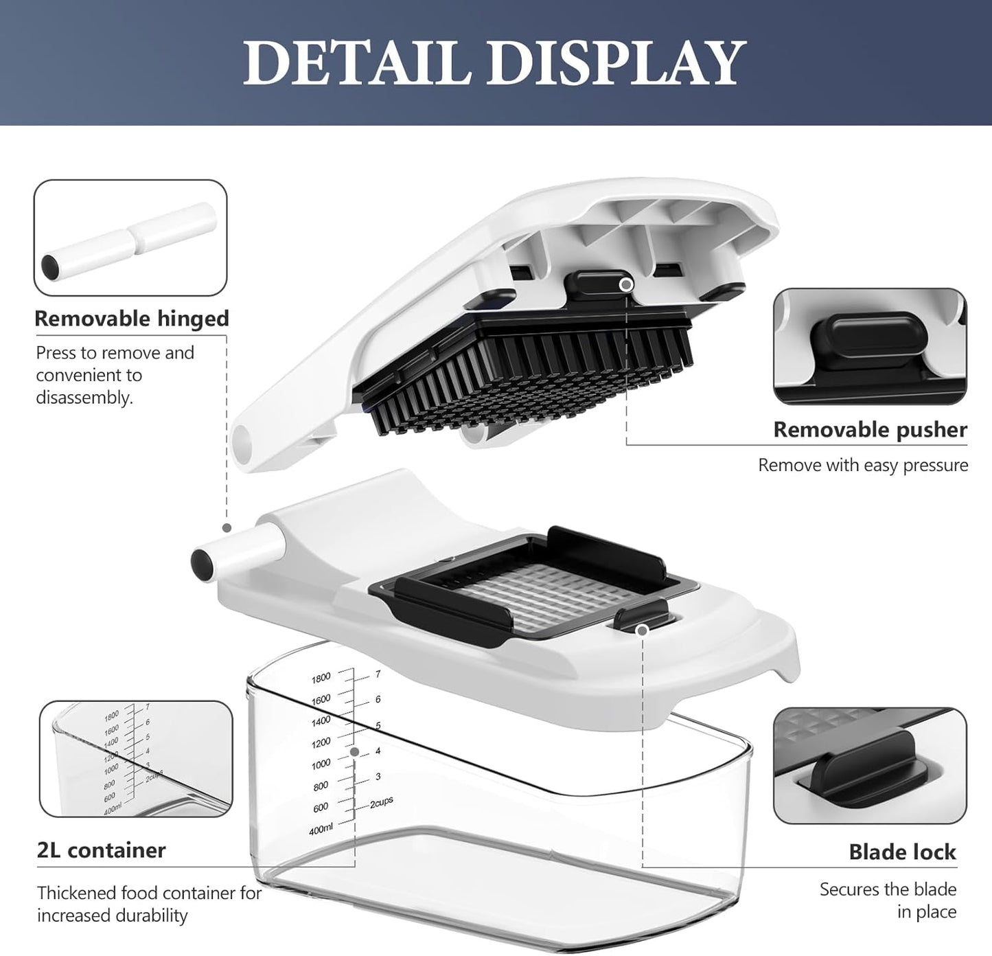 Ourokhome Chopper Vegetable Cutter with Container, Manual Hand Food Onion Dicer with 2 Chopping Blades for Potato Strips, Veggie Cubers, Carrot Sticks, Essential Kitchen Gadgets (2 in 1, White)