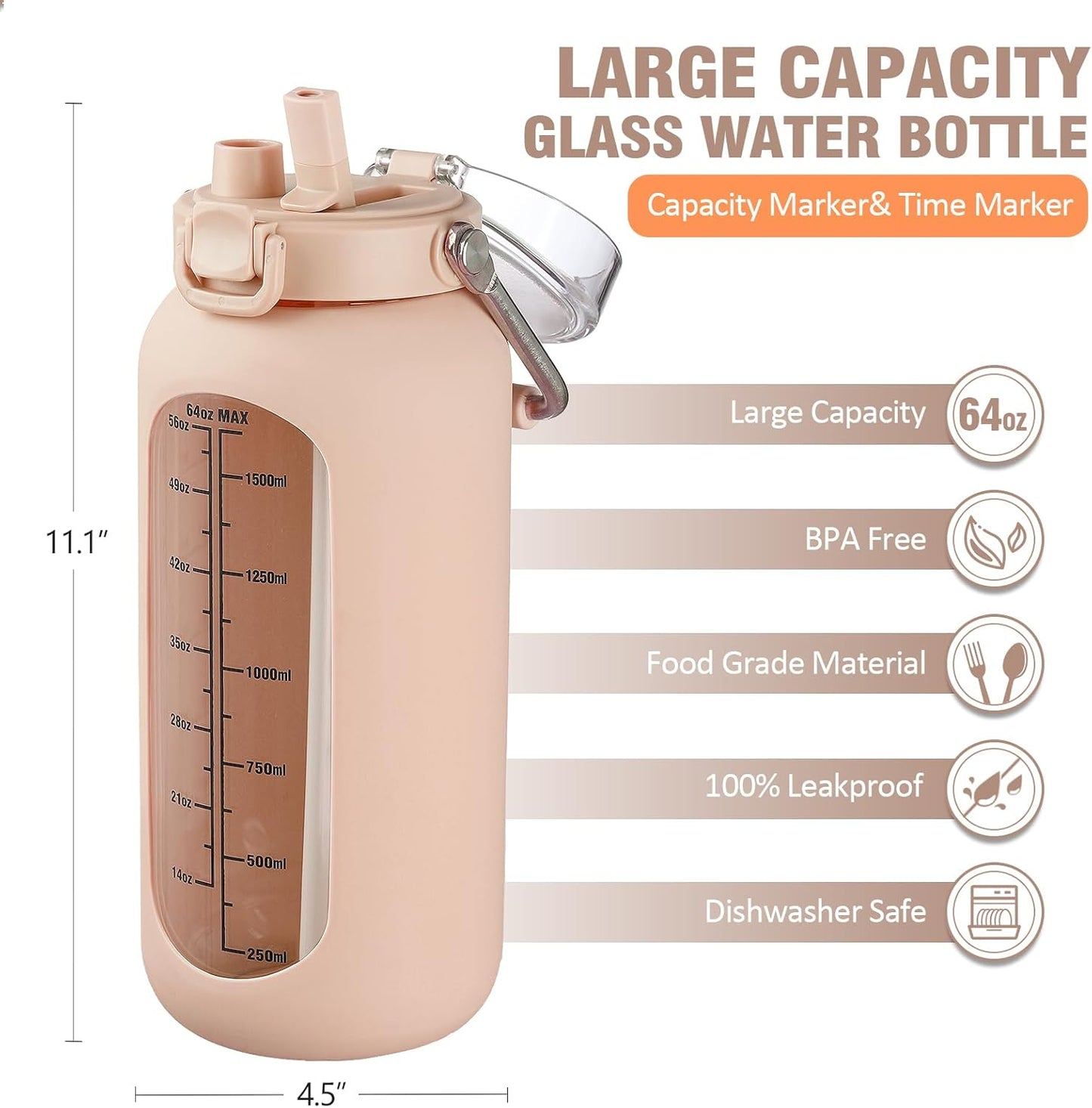 kytffu 64 oz Glass Water Bottle with Straw and Stainless Steel Handle, Half Gallon Water Bottle with Silicone Sleeve and Time Marker, 2L Large Glass Bottle for Gym, School, Travel, Leak-proof (Amber)