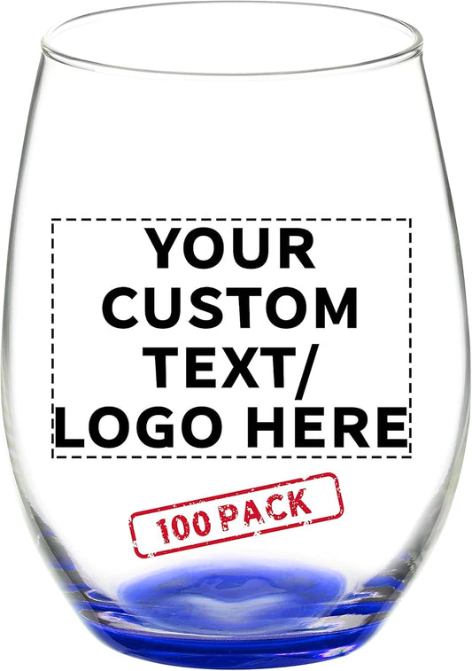 DISCOUNT PROMOS 100 ARC Stemless Wine Glasses Set, 21 oz. - Customizable Text, Logo - Chardonnay, Cabernet, Merlot, Sauvignon - Blue
