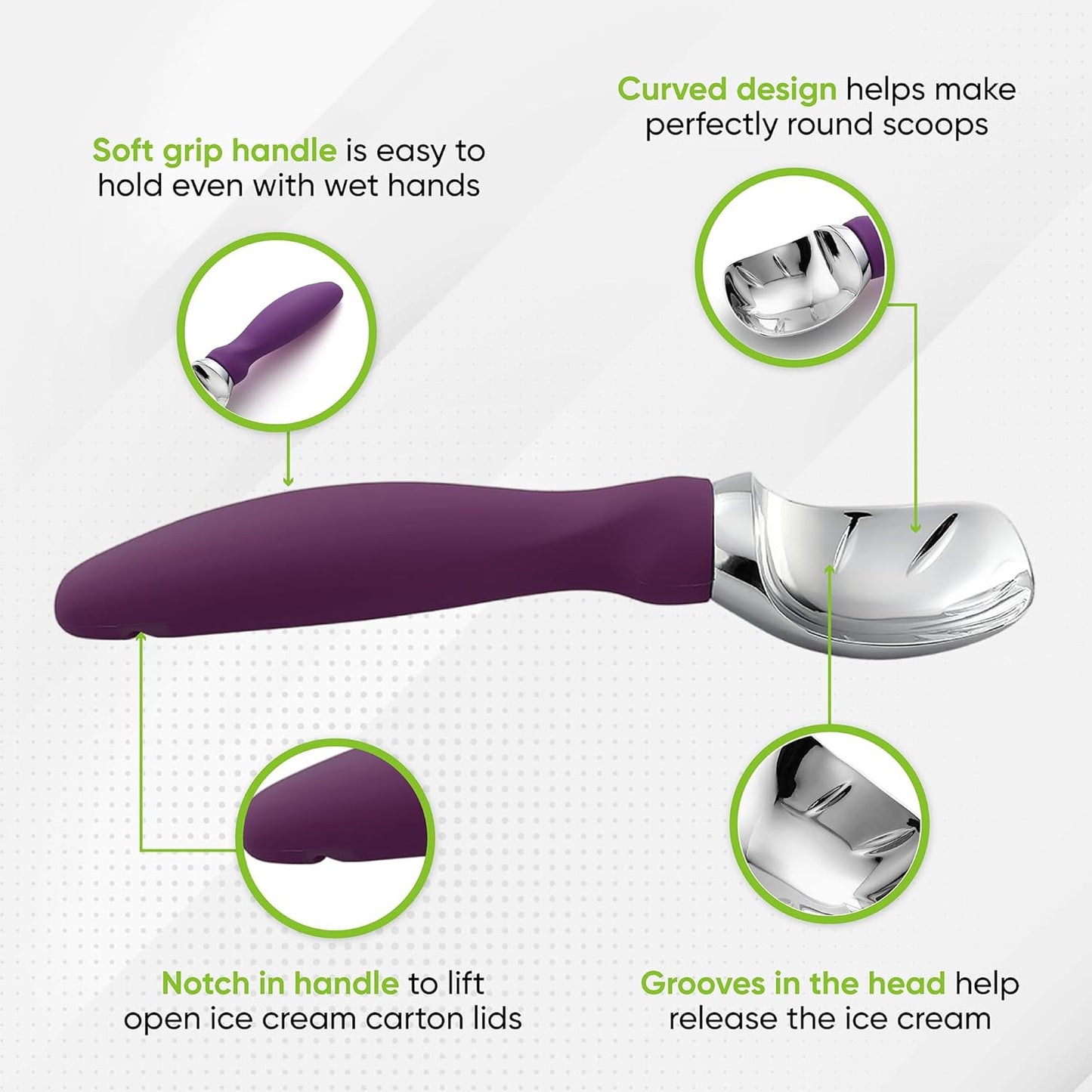 Spring Chef Ice Cream Scoop with Soft Grip Handle, Professional Heavy Duty Sturdy Scooper, Premium Kitchen Tool for Cookie Dough, Gelato, Sorbet, Purple
