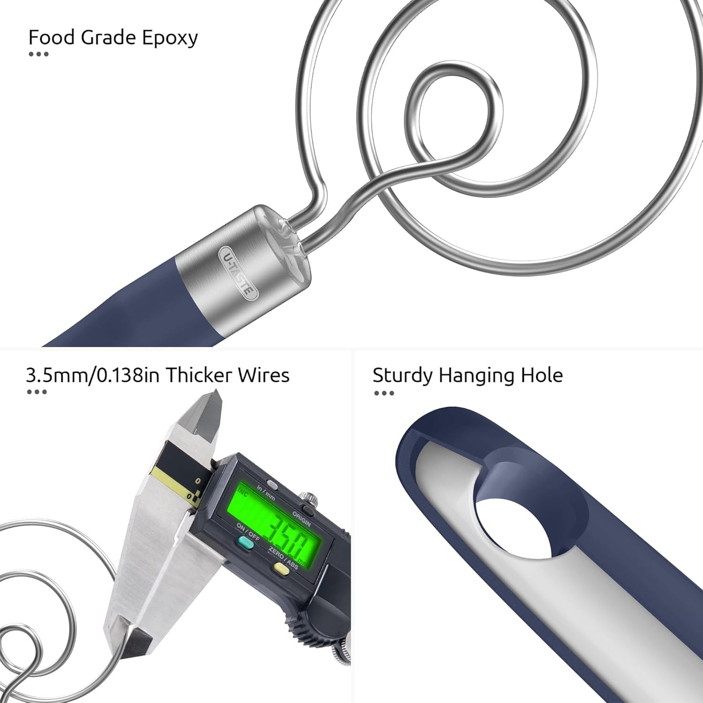 U-Taste 12.6" Danish Dough Whisk: 18/8 Stainless Steel Heavy-Duty Sourdough Mixer Tool, Food Grade Dutch Style Seamless Bread Wisk, Sturdy for Mixing, Stirring, Kneading Thick Batter (Midnight Blue)