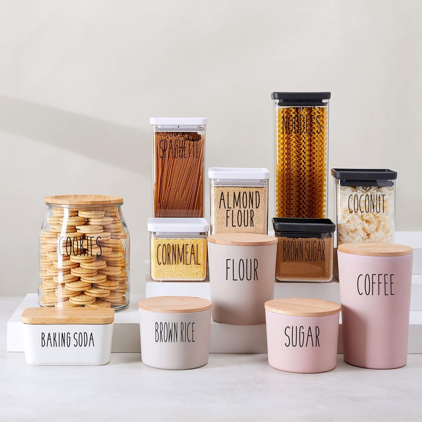 Talented Kitchen 136 Kitchen Sticker Labels for Food Containers - Varied Sizes, Black Text on Clear Background - Waterproof Labels for Jars & Storage