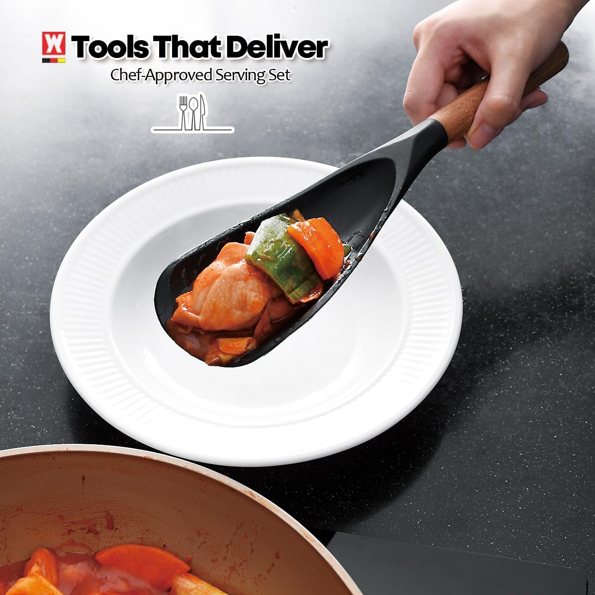 Set of 2pc Silicone Cooking Utensils: Wooden Handle Ladle + Long Head Serving & Cooking Spoon, Heat Resistant, BPA Free, Scratch-Resistant Surface Design