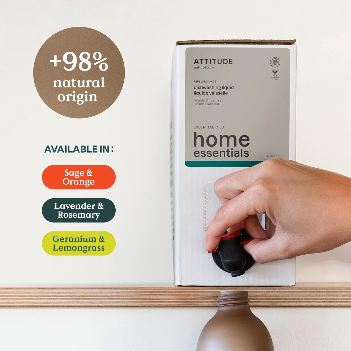 ATTITUDE Dish Soap, EWG Verified, Plant and Mineral-Based Ingredients, Vegan and Cruelty-free Household Products, Geranium and Lemongrass, 67.6 Fl Oz