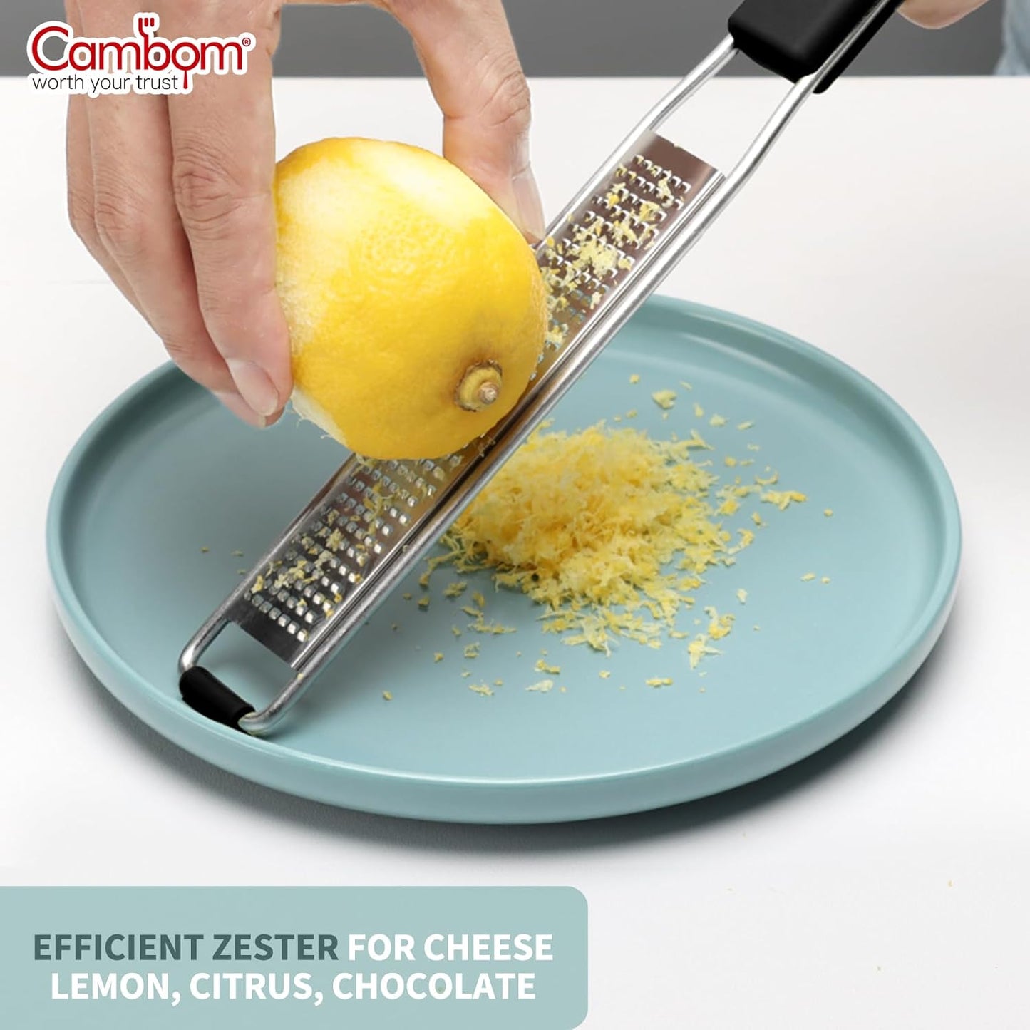 Cambom Lemon & Citrus Zester, Cheese Graters with Stainless Steel Sharp Blade for Parmesan Cheese, Ginger, Garlic, Nutmeg, Chocolate, Vegetables, Fruits, Dishwasher Safe Shredder Fine Blade