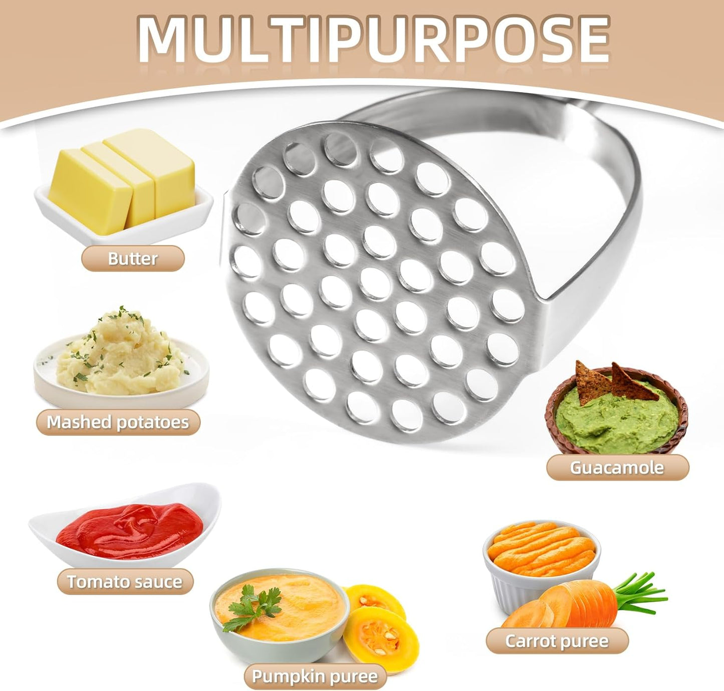 Potato Masher Stainless Steel, Manual Mashed Potato Masher,Wooden handle Potatoes Smasher Kitchen Tool for Avocado,Potatoes, Vegetables, 13.5Inch Long handle Large Heavy Duty Metal Mashing Utensil