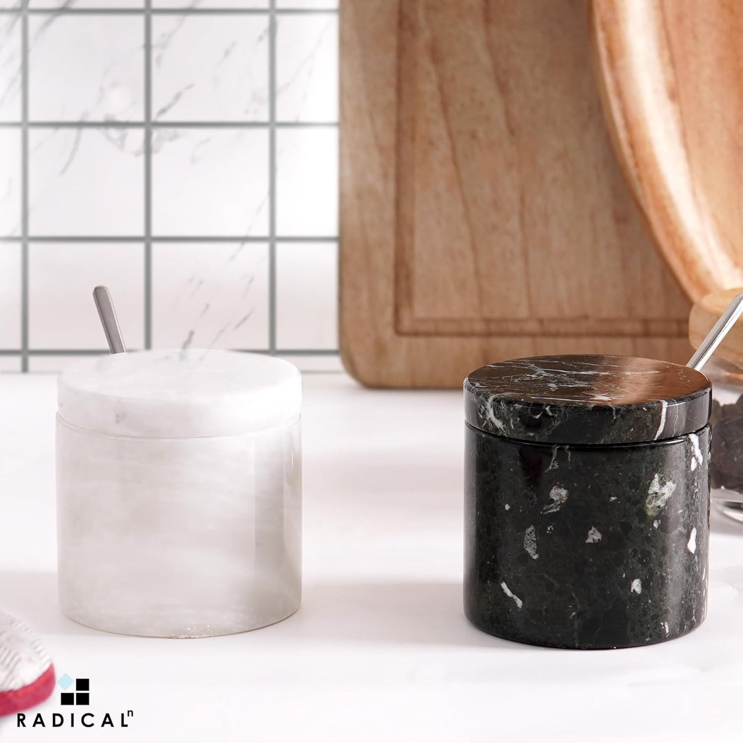 Radicaln Marble Salt Cellar With Lid and Tray 3" Inch Black and White Salt Container, Set of 2 Seasoning Jars, Spice Storage Container and Salt Bowl for Kitchen Countertop