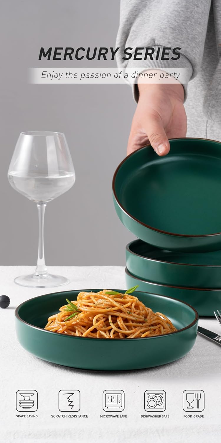 famiware Mercury Pasta Bowls Set of 4, 33 oz Large Salad Bowls, Stoneware Pasta Plates Bowls, Serving Bowls for Kitchen, Microwave & Dishwasher Safe, Dark Green