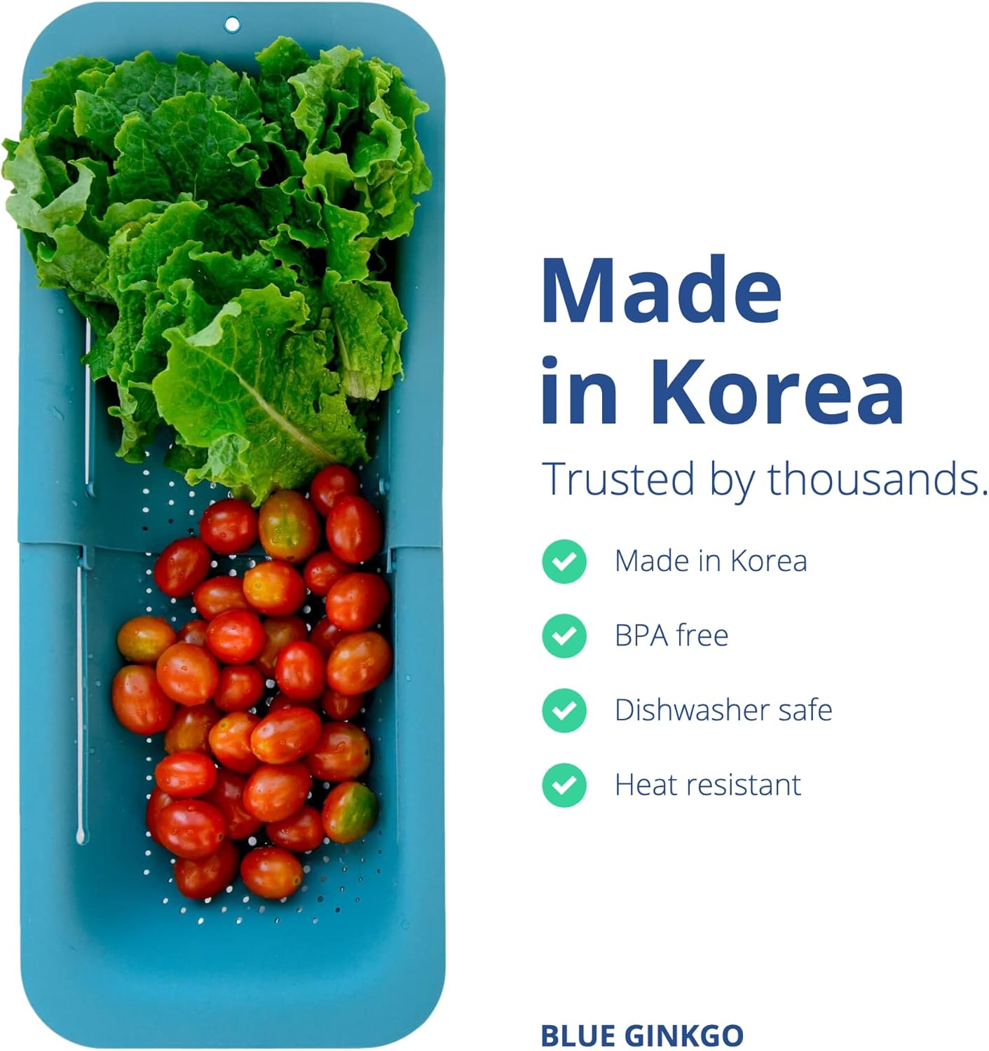 BLUE GINKGO Over the Sink Colander Strainer Basket - Wash Vegetables and Fruits, Drain Cooked Pasta and Dry Dishes - Extendable - New Home Kitchen Essentials (7.9 W x 14.5-19.5 L x 2.75 H) - Teal