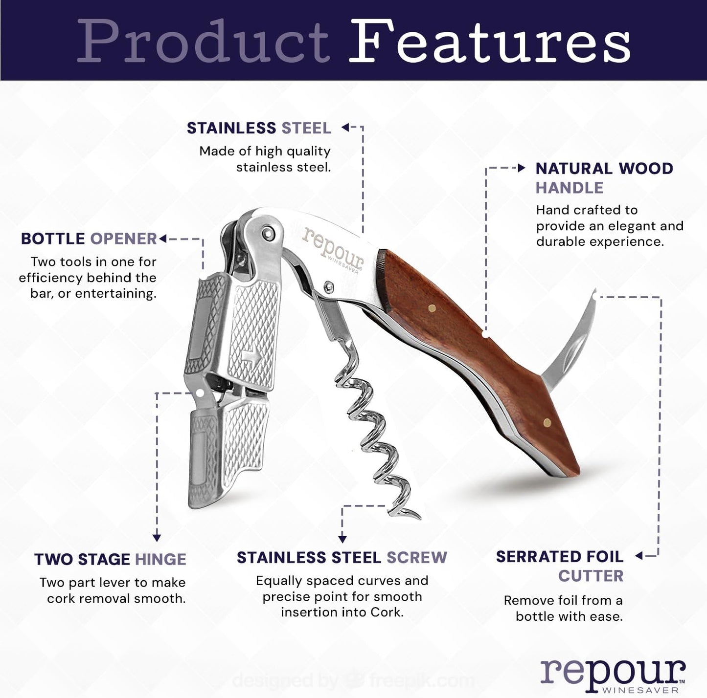 Wine Essentials Combo Pack – Premium Corkscrew & Wine Saver | Manual Wine Key Removes Corks Easily, Wine Stopper Preserves Wine Easily|Perfect for Wine Lovers and Enthusiasts (Rosewood 4 Pack)