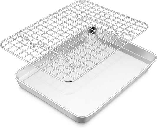 E-far Stainless Steel Baking Sheet with Wire Rack Set, 10.5” x 8.3” Cookie Sheet Baking Pan for Toaster Oven, Small Metal Tray with Cooling Rack for Cooking Roasting, Non-Toxic & Dishwasher Safe