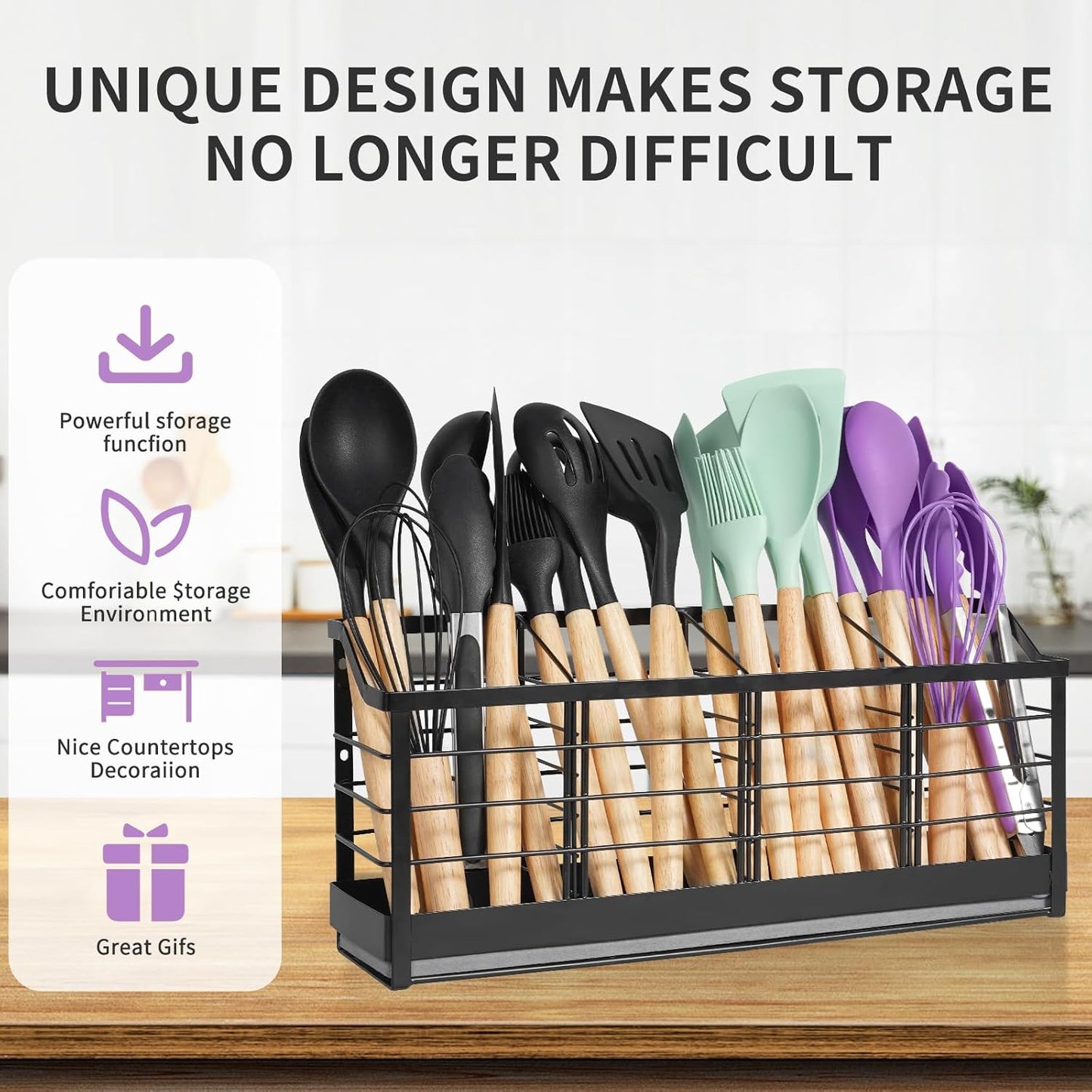 Large Kitchen Utensil Holder with Diatomite Base – Wall-Mountable Utensil Caddy with 4 Compartments – Fast-Drying Matte Black Utensil Organizer for Kitchen Countertop or Wall