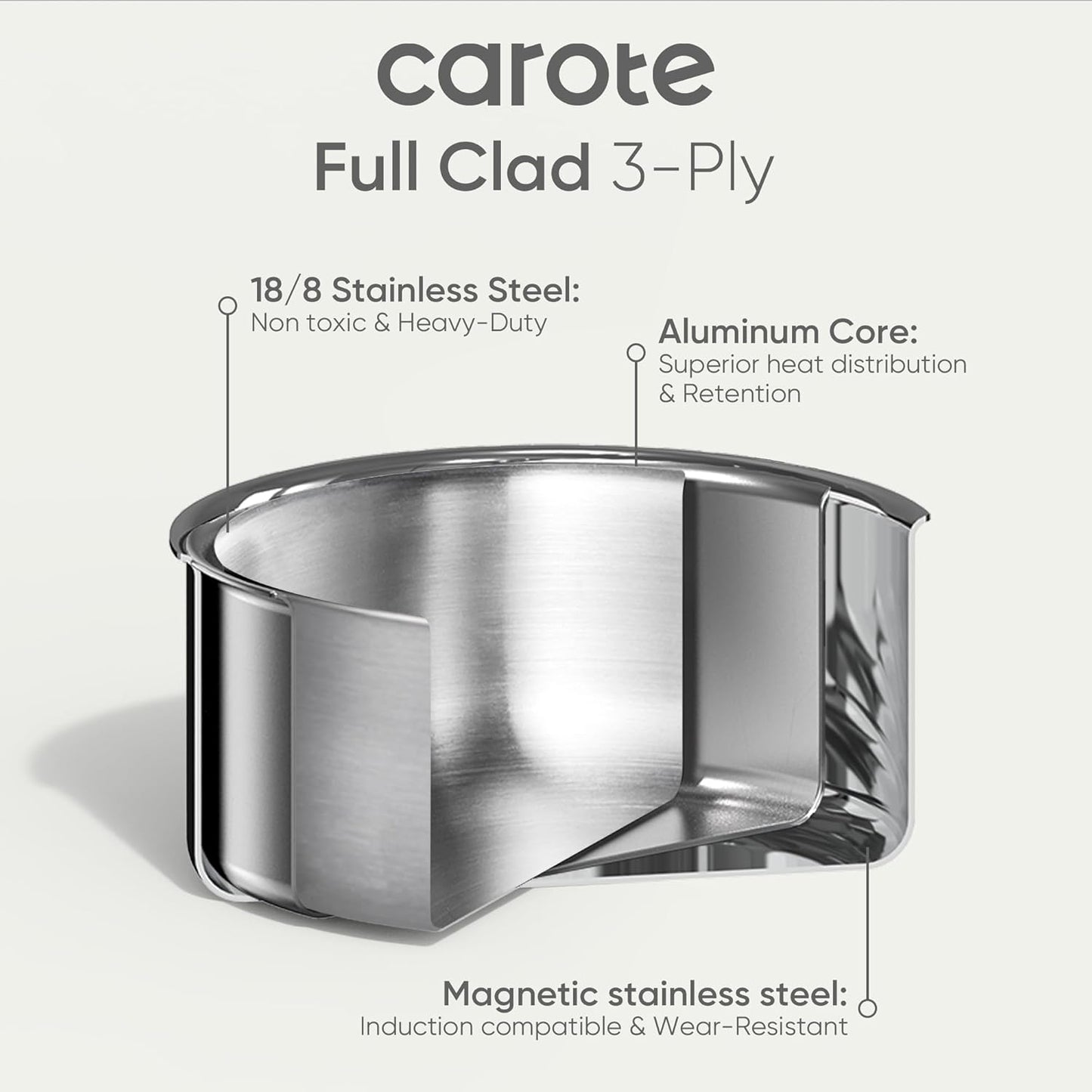 CAROTE Stainless Steel Sauce Pan with Detachable Handle, 1.5QT&2QT&3QT 8pcs Saucepan with Lid, Stainless Steel Pot, Nonstick Induction Kitchen Cookware, Removable Handle, Oven Safe, Woodgrain