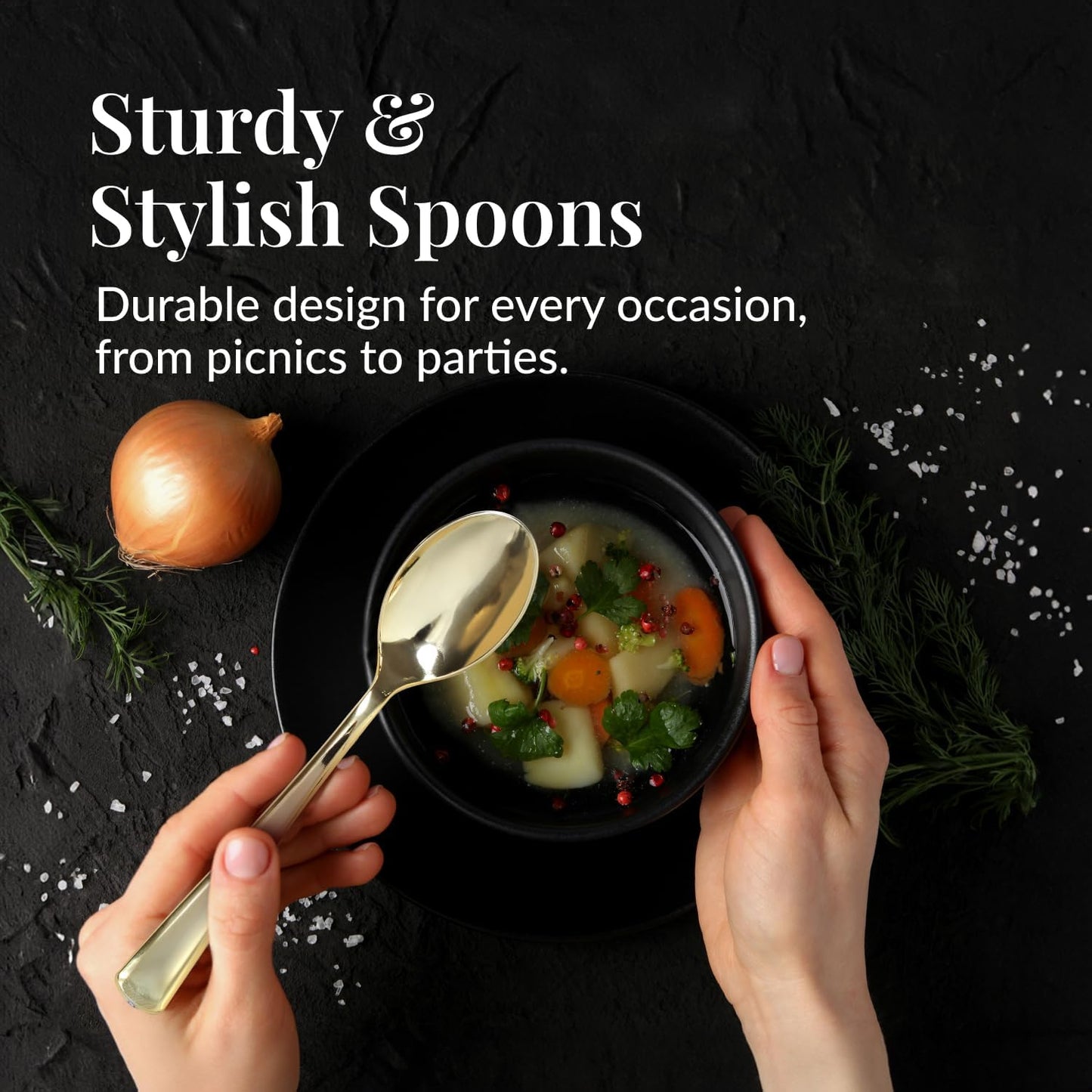 Prestee Gold Plastic Spoons, 300 Pc, Disposable Spoon Cutlery Flatware Pack for Party, Wedding Events, Sparkle & Glamour - Plastic Utensil Set for Parties, Events and Everyday Use