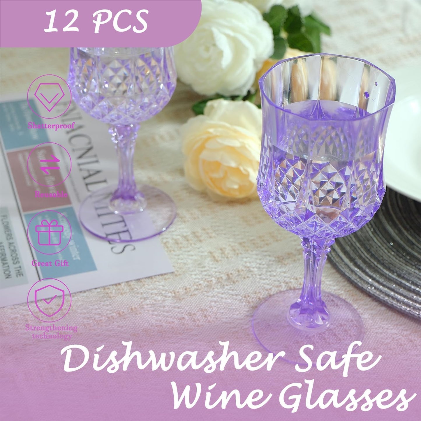 Plastic Wine Glasses，Plastic Goblets Vintage Style Cordial Drinking Glasses for Wedding Reception, Grand Event Party Supplies (12, Purple)