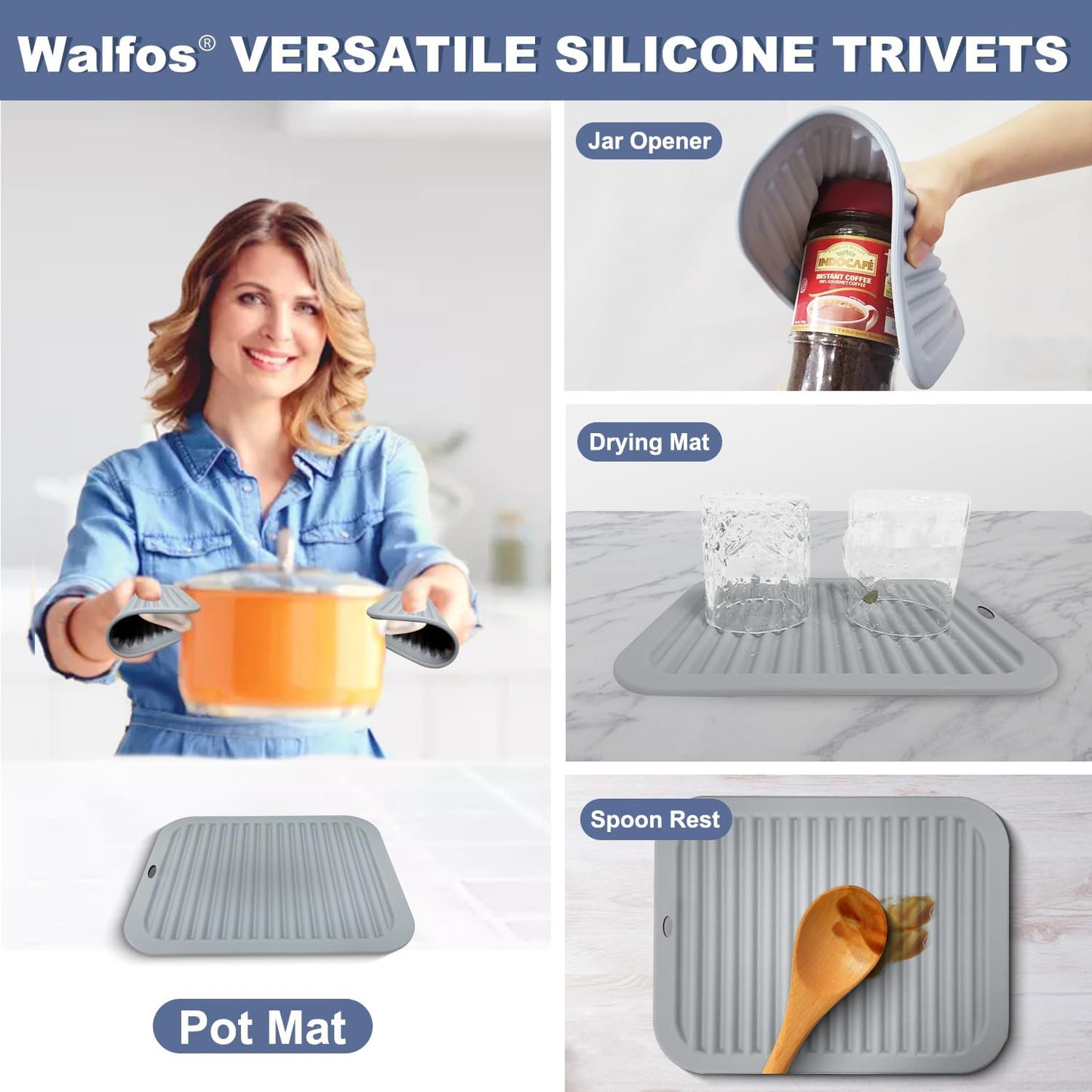Walfos Silicone Trivets for Hot Pots and Pans - Heat Resistant Hot Pads for Kitchen Counter- 4 Pcs Multi-Purpose & Versatile Trivet Mat - Long-Lasting & Flexible Silicone Hot Pad（Gray）