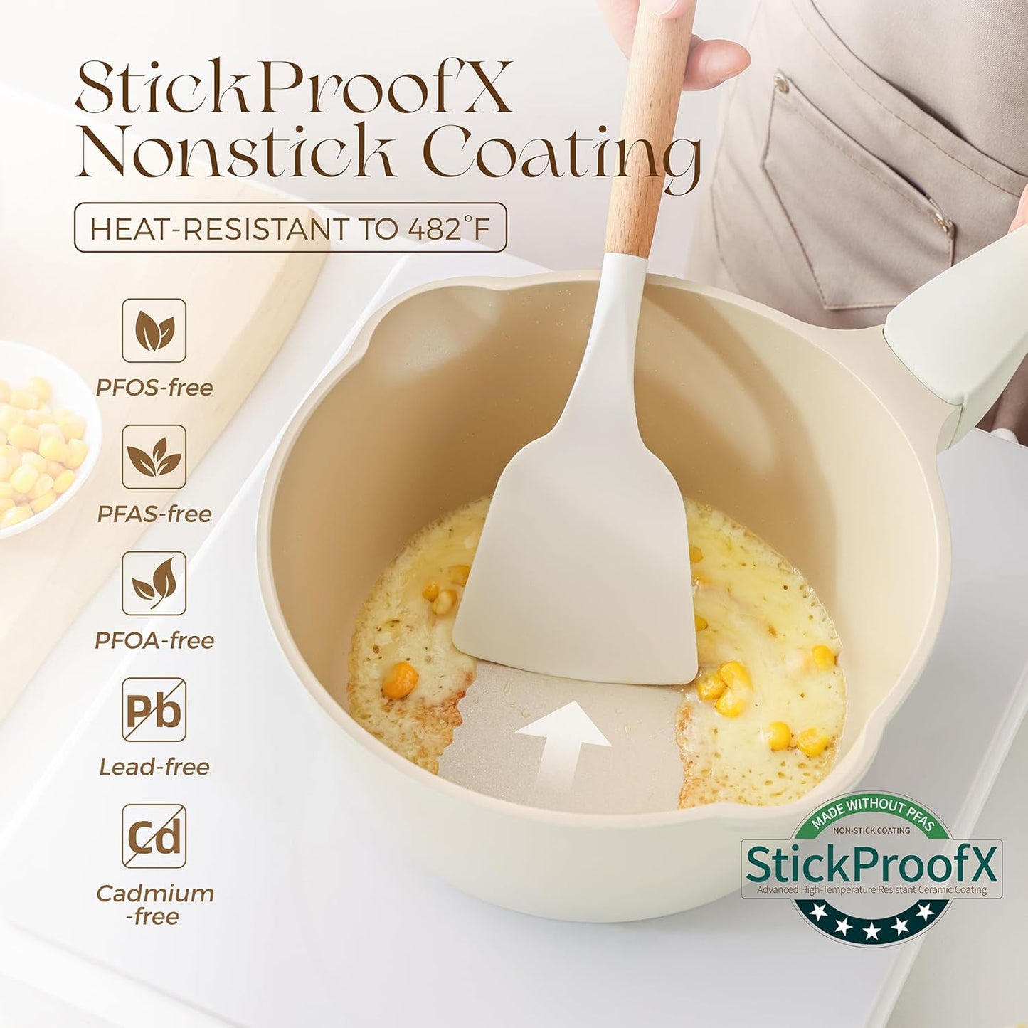 PRICUSIS Ceramic Nonstick Saucepan with Lid, 2 Quart Non Toxic Pot with Pour Spouts, Full Coated, 100% Dishwasher Safe, Induction Compatible & Oven Safe, PTFE PFAS & PFOA Free, Coconut White