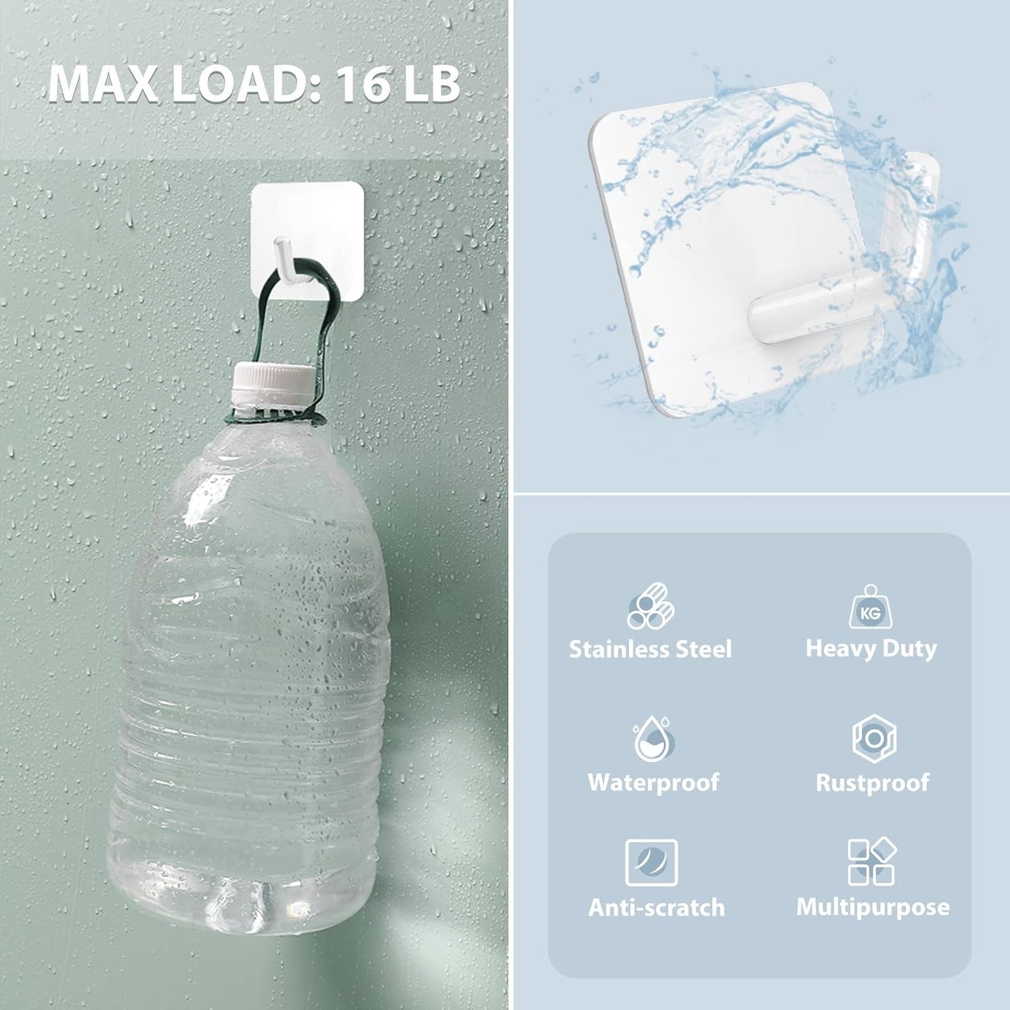 VIS'V Adhesive Hooks, Heavy Duty Shower Wall Stick on Hooks, Waterproof, White, 6 Pcs