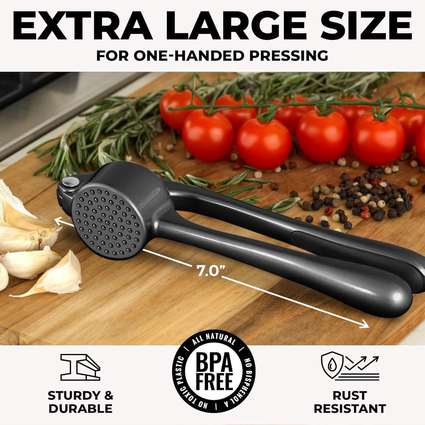 Zulay Kitchen Large Premium Garlic Press Set - Bigger Bowl for Bigger Garlic - Rust Proof & Dishwasher Safe Garlic Mincer Tool - Easy-Squeeze, Easy-Clean Silicone Garlic Peeler & Brush (Dark Gray)