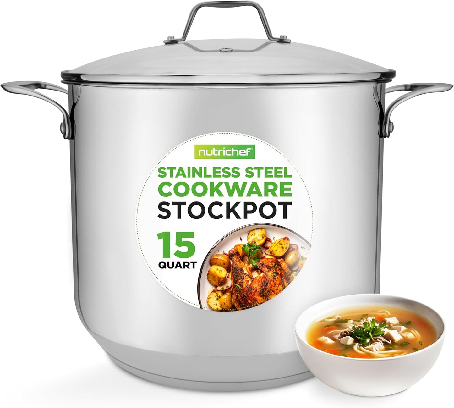 NutriChef 15-Quart Large Stainless Steel Stock Pot with Tempered Glass Lid - Induction Compatible Stockpot, Ideal for Stews & Soups, Dishwasher Safe