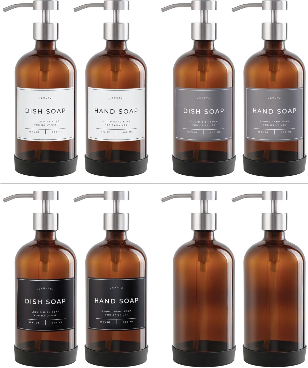 16oz Glass Soap Dispenser with Stainless Steel Pump, 21 Waterproof Labels, Non-Slip Protective Silicone Pad, Set of 2 for Bathroom & Kitchen (Amber Bottle/Brushed Silver Pump)