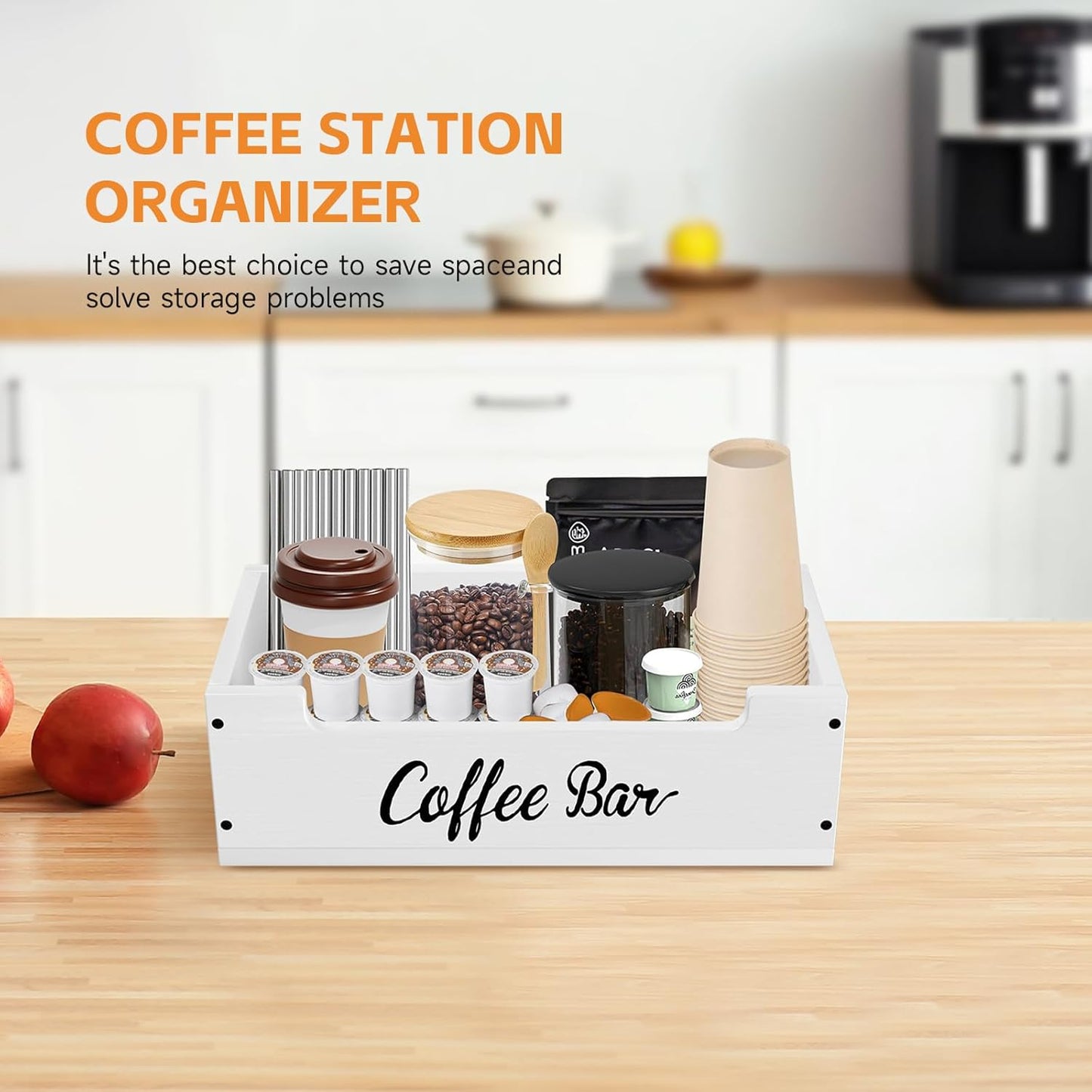 Coffee Pod Bar Station Wooden 13" X 7" X 4" Organizer Box for Countertop, Counter Top Tea Espresso Cup Wood Storage Box, White