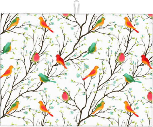 Cute Birds Kitchen Drying Mat Birds on Tree Microfiber Dish Drainer Mat for Kitchen Counter Absorbent Reusable Washable 18x24 Inch