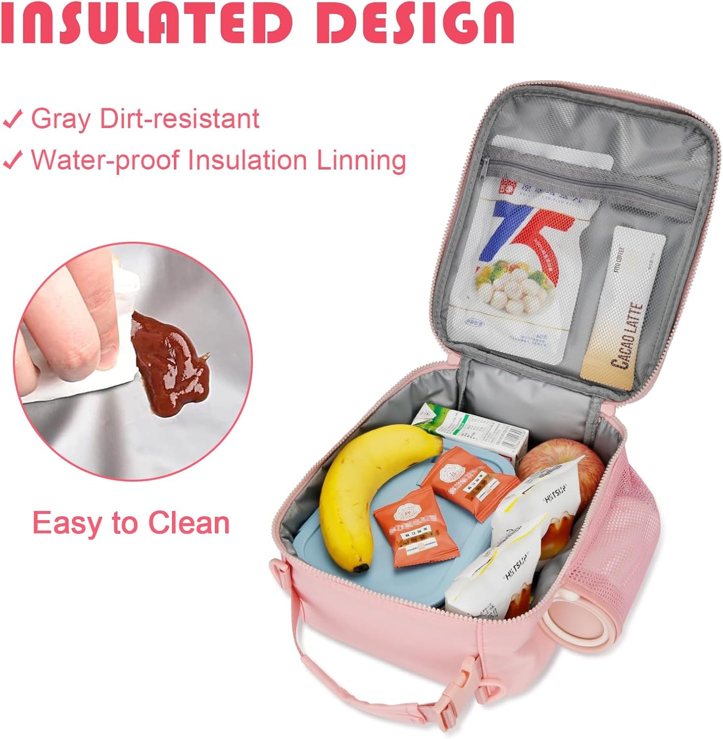 Initial Insulated Lunch Bag for Girls Kids, Back to School Gift, Reusable Leak-proof Lunch Box with Adjustable Strap for School Daycare Travel Picnic (Pink,V)