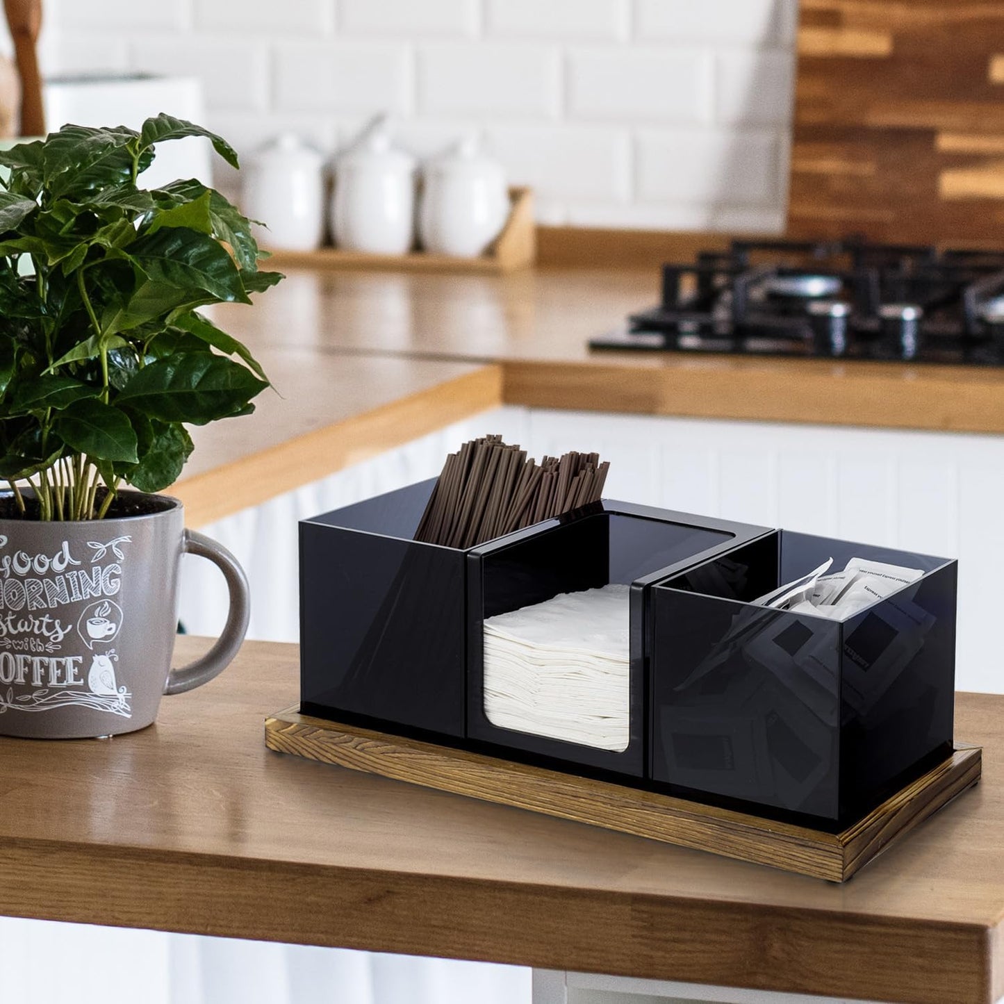 MyGift Modern Acrylic Coffee and Tea Station Organizer with 3 Removable Premium Translucent Black Acrylic Compartments and Rustic Burnt Solid Wood Decorative Tray, 4 Piece Set