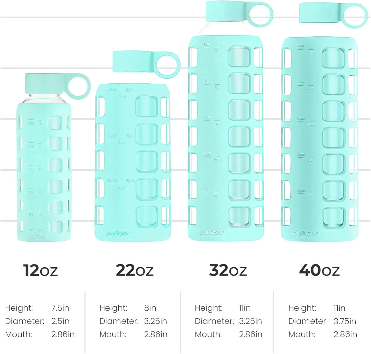 purifyou 40oz / 32oz / 22oz / 12oz Borosilicate Glass Water Bottle with Time & Volume Markers, Silicone Sleeve, Stainless Steel Lid – Reusable Glass Bottle for Water & Juice (12oz Glow-in-the-Dark)