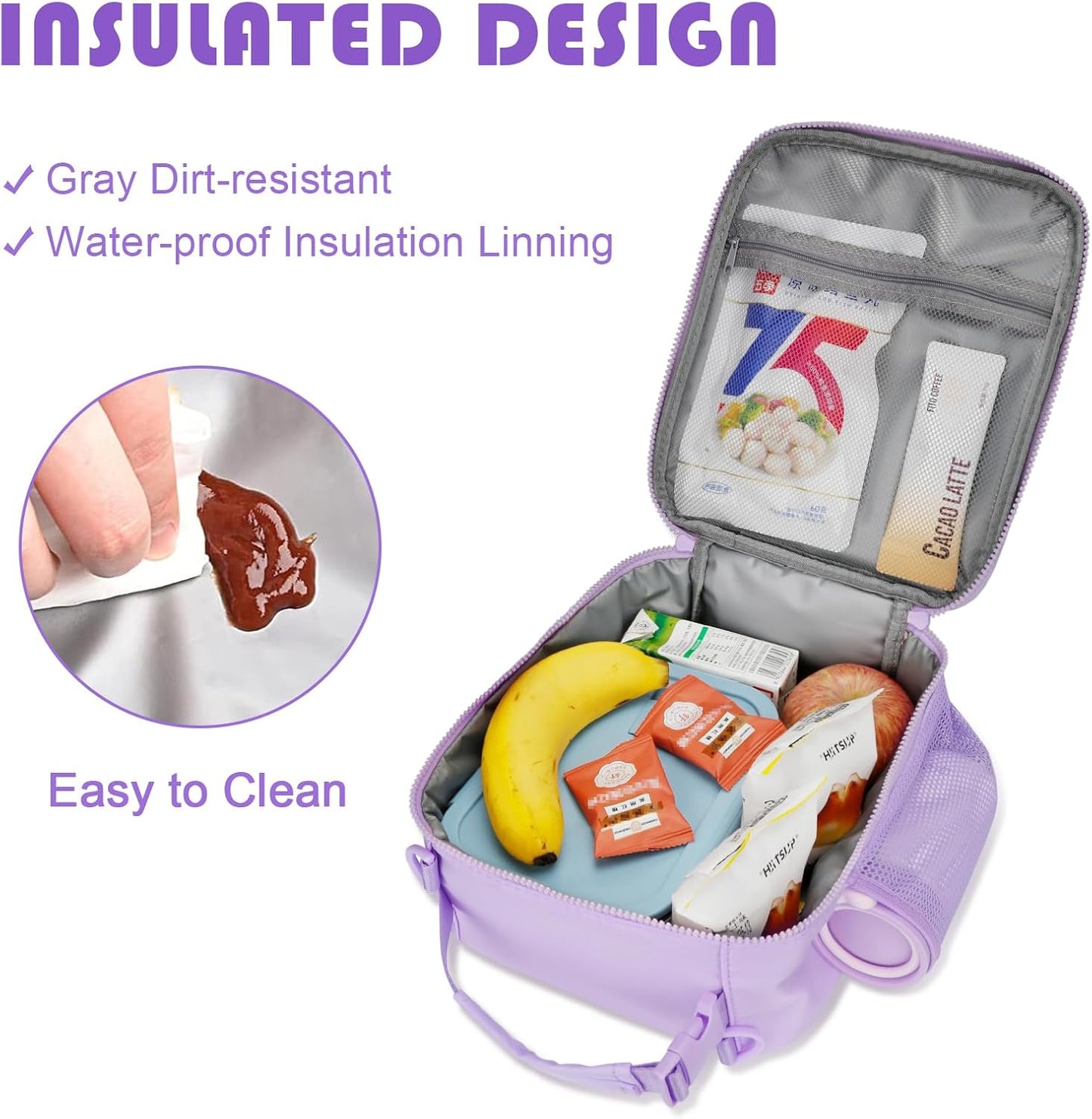 Initial Insulated Lunch Bag for Girls Kids, Back to School Gift, Reusable Leak-proof Lunch Box with Adjustable Strap for School Daycare Travel Picnic (Purple,F)