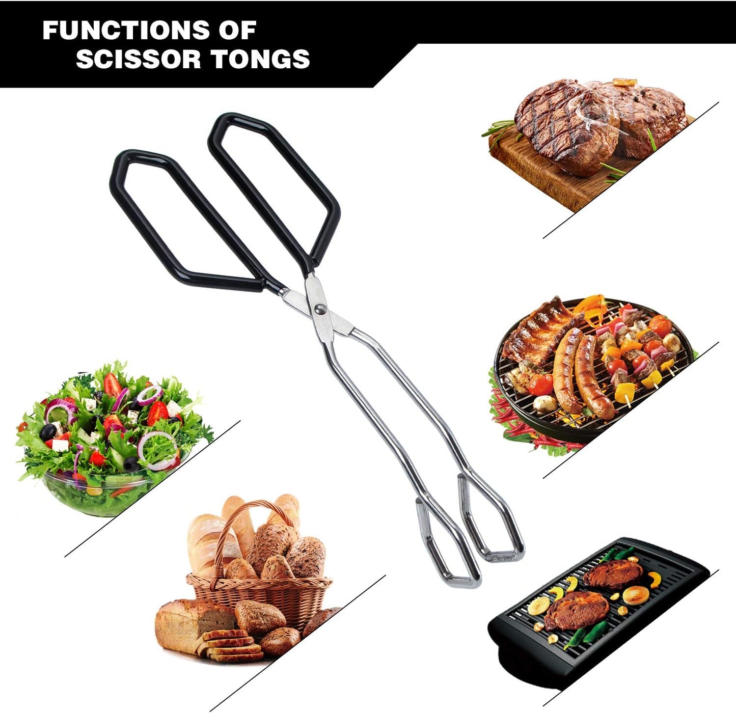 MSY BIGSUNNY Stainless Steel Scissor Tongs Heavy Duty Cooking Tongs with Soft Handles (2, black 11" +11")