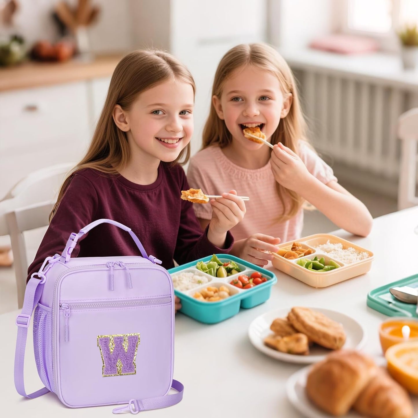 Initial Insulated Lunch Bag for Girls Kids, Back to School Gift, Reusable Leak-proof Lunch Box with Adjustable Strap for School Daycare Travel Picnic (Purple,W)