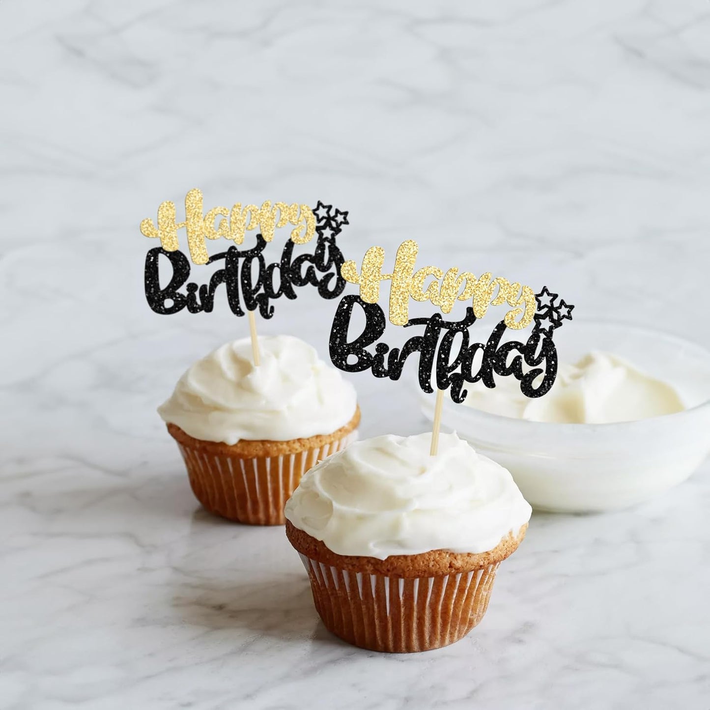 Ephlyn 24Pcs Happy Birthday Cupcake Toppers Double Layer Glitter Happy Birthday Cake Decorations for Celebrating Baby Shower Theme Kids Boys Girls Birthday Party Cake Decorations Supplies Black Gold