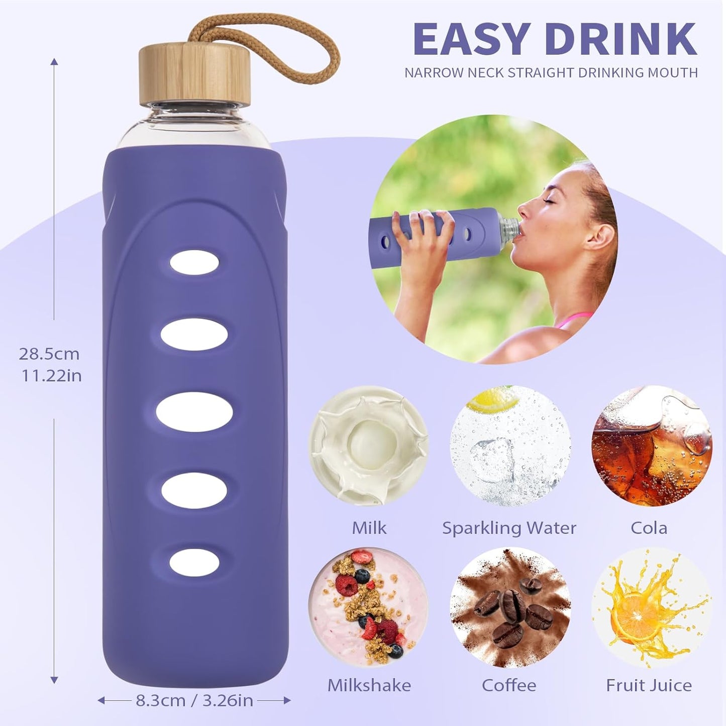 Sport 32oz Glass Water Bottle 1000ml /1 liter Borosilicate Glass Water Bottle Reusable Waterbottle Jugwith Silicone Sleeve and Unique Lid (Purple