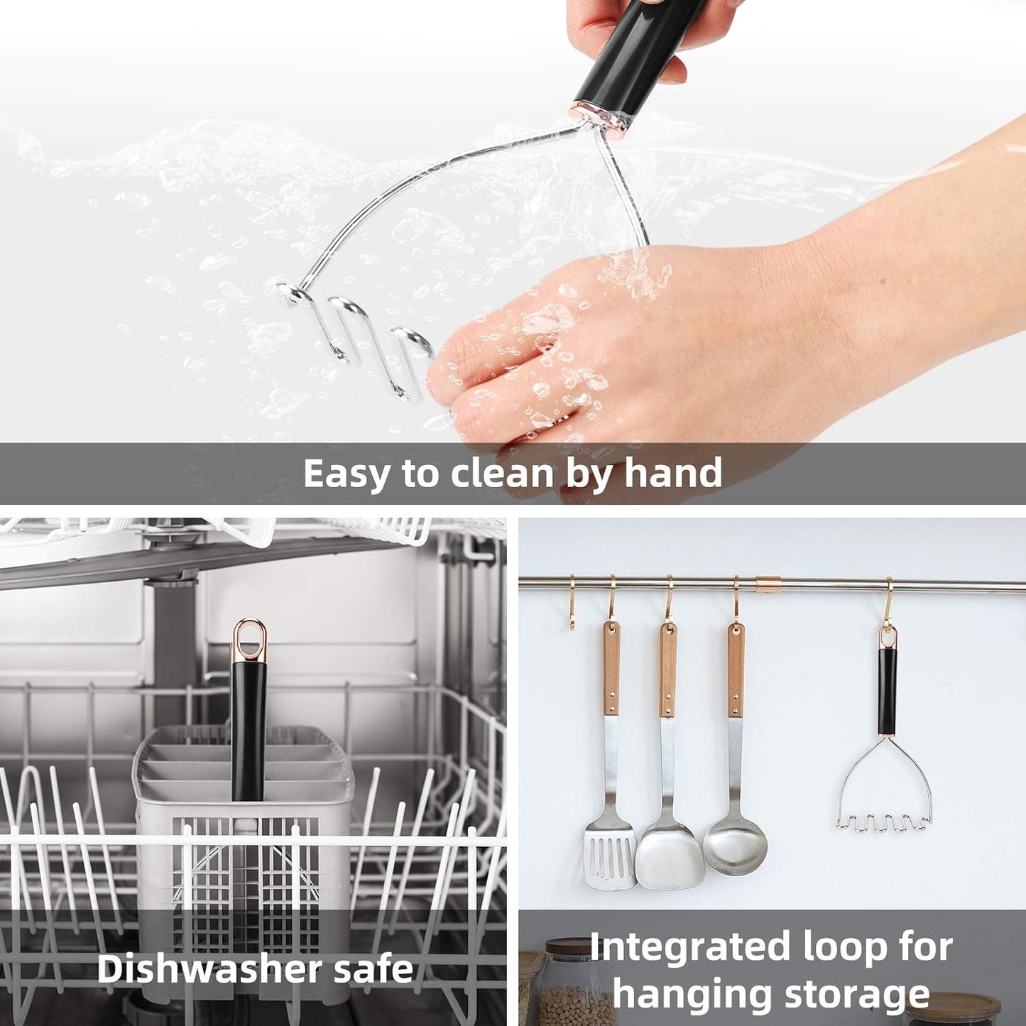 Potato Masher, Potato Masher Stainless Steel, Heavy Duty Mashed Potatoes Masher, Professional Metal Wire Masher Kitchen Tool for Bean, avocado, Vegetable-10.24 inch （Rose Gold）