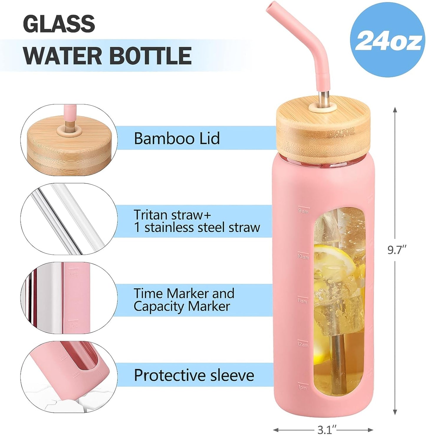 Glass Water Bottle with Straw, 24oz Glass Drinking Bottle with 2 Lids-Bamboo and Spout Lid with Phone Holder Handle for Gym Sports,with Silicone Sleeve and Time Marker,Pink