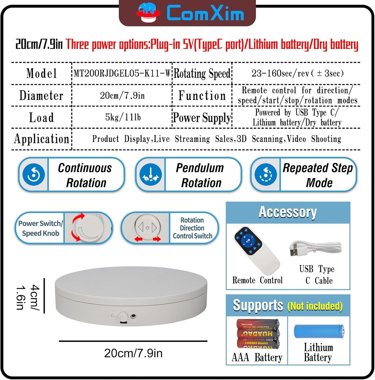 Motorized Rotating Display Stand with Remote, 7.87in 360 Electric Turntable for Display,Photography,3D Scanner Models, Motorized Lazy Susan and Photography Turntable Control Angle/Speed,Step/Swing/Continuous Rotation