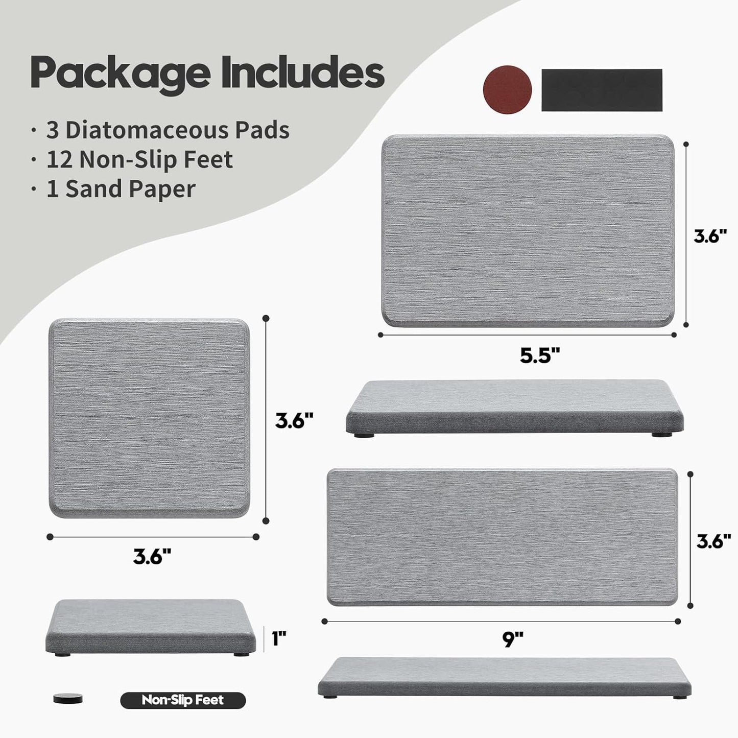 3PCS Bathroom Sink Vanity Trays, Quick Stone Drying Mat Dish Soap Dispenser Sponge Holder for Kitchen Counter, Diatomaceous Earth Water Absorbing Caddy Organizer, Light Grey