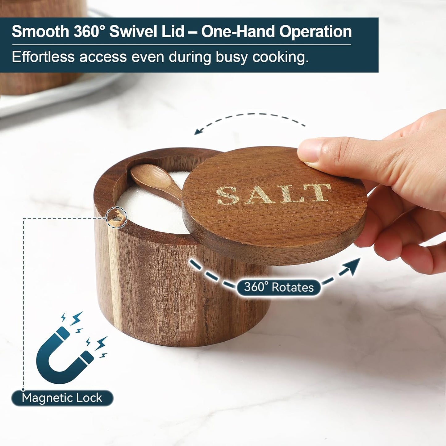 Salt Cellar, Acacia Wood Salt Container with Built-in Spoon & Swivel Lid, Engraved SALT Box, Salt Holder Bowl for Countertop Seasoning Storage